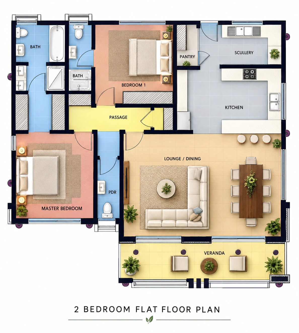 Furnished two bedroom residence floor plan without measurements